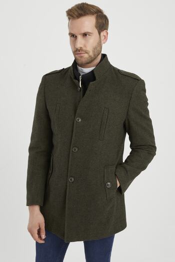 DYNAMO Men's Khaki Wool Blended Stand Collar Stamp Coat
