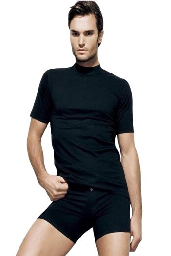 Çift Kaplan 930 Men's Single Jersey American Collar Undershirt Black