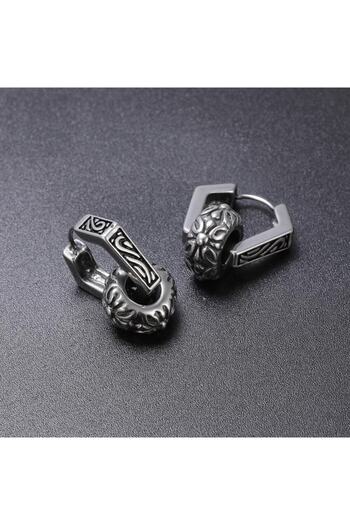 northstarshop Large Antique Design Combination Ring Accessory Snap Hexagon Tribal Men's 316l Steel Earrings Pair