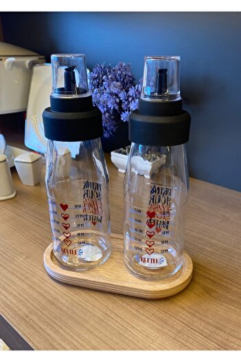 Bayev Glass Oil Bottle Set with Non-Drip Smart Wooden Stand - 450 Ml Red