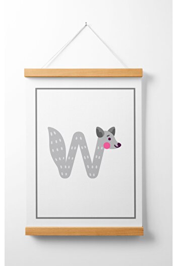 Pegziz Children's Room Wooden Hanging Animal Figured Letter W Printed Canvas Wall Decoration 40x50cm