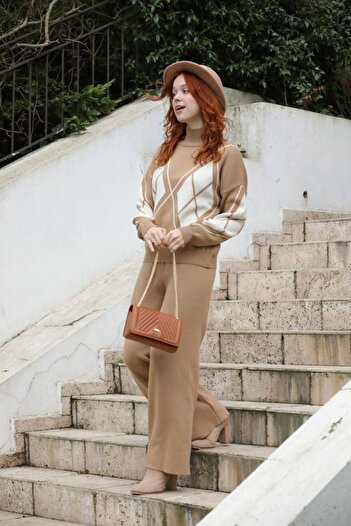 VEGENZE Kamel Baklava Pattern Wide Leg Half Fisherman Women's Knitwear Suit