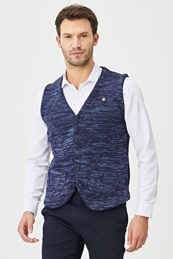 ALTINYILDIZ CLASSICS Men's Navy Blue Standard Fit Regular Cut 100% Cotton Patternless V-Neck Knitwear Vest