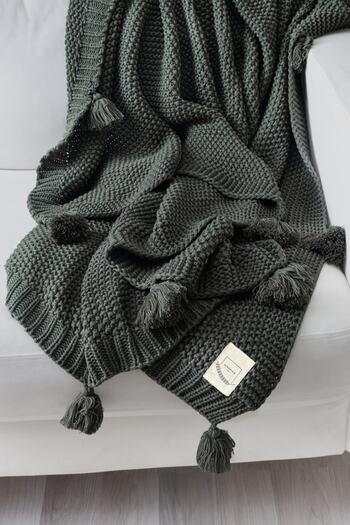 Miespiga Coco Rice Knitted Knitwear TV Blanket Throw Khaki Knitted Sofa Shawl with Pompom