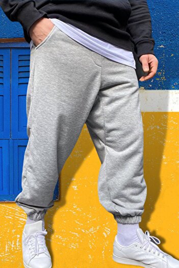 la gizzia Large Size Gray Oversize Printed Tracksuit Leg Elastic Sweatpants Oversize Molded Sweatpants