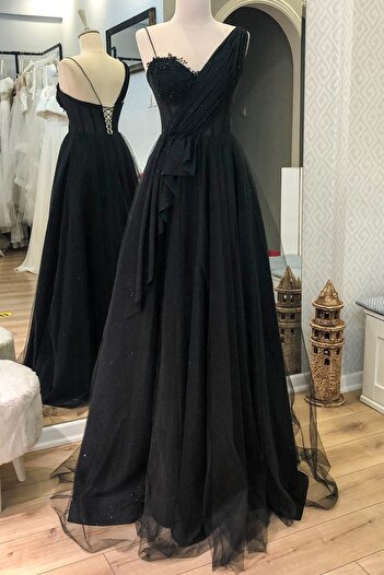Lenta Moda Drape Detaylı Simli Siyah Renk Abiye ve Gece Elbisesi