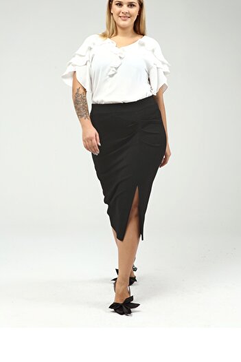Gül Moda Black Winter Front Slit Skirt G063-1-1