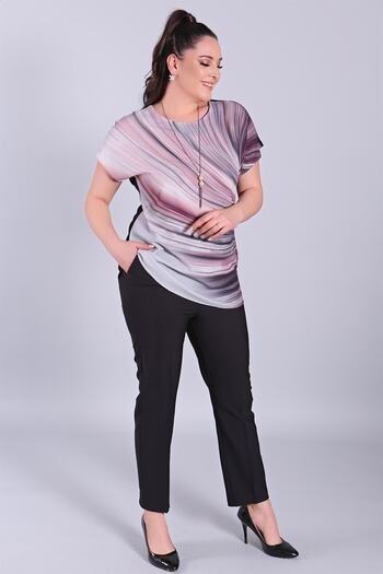 SERTUĞ Black Wave Pattern Low Sleeve Large Size Blouse