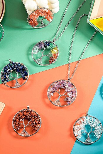 Tesbih Atölyesi Sertifikalı Doğal Pembe Gül Kuvars Taşı Hayat Ağacı Kolye