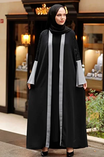 Neva Style - Γκρι Hijab Abaya με Λεπτομέρεια Μανικιών 55510γρ
