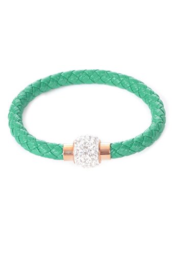 LABALABA Green Colored Stone Detailed Women's Bracelet - Steel Closure and Knit Woven