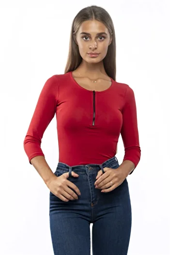 Miss Murem Women's Red Front Zipper Bodysuit