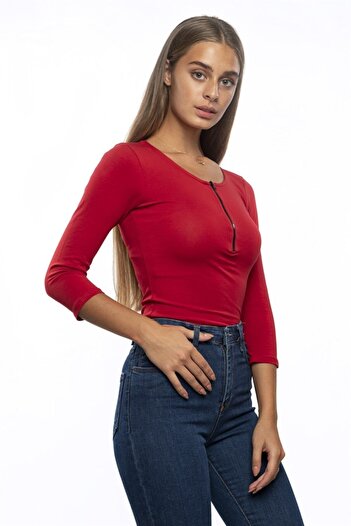 Miss Murem Women's Red Front Zipper Bodysuit