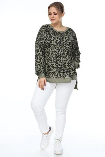 Seamoda Leopard Pattern Side Slits Oil Wash Plus Sweatshirt-Green.