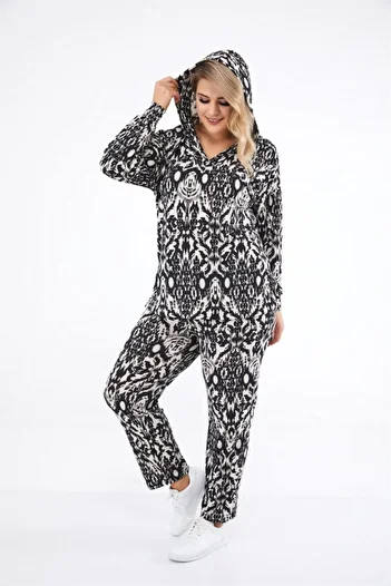 Seamoda Women's Black White Ethnic Pattern Yumoş Two-piece Suit