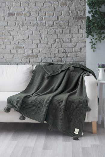 Miespiga Coco Rice Knitted Knitwear TV Blanket Throw Khaki Knitted Sofa Shawl with Pompom