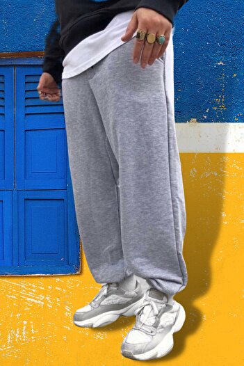 la gizzia Large Size Gray Oversize Printed Tracksuit Leg Elastic Sweatpants Oversize Molded Sweatpants