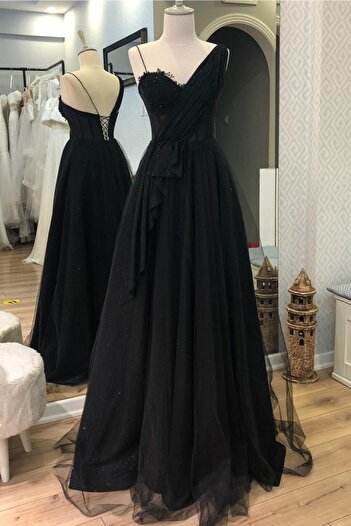 Lenta Moda Drape Detaylı Simli Siyah Renk Abiye ve Gece Elbisesi