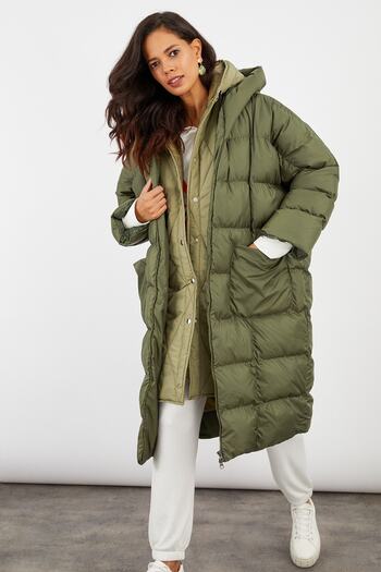 Cool & Sexy Dámský khaki dlouhý kabát s kapucí Puffer MX06
