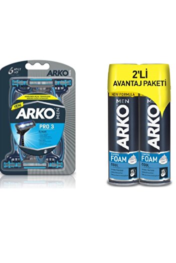 ARKO Men Pro 3 Blade Razor 6 Pack + Men Men Shaving Foam Cool 200 Ml X 2