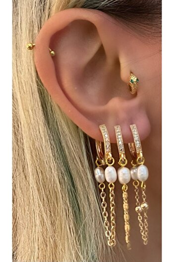 Markiz Takı White Jewelled Dangle Detail Triple Pearl Earrings