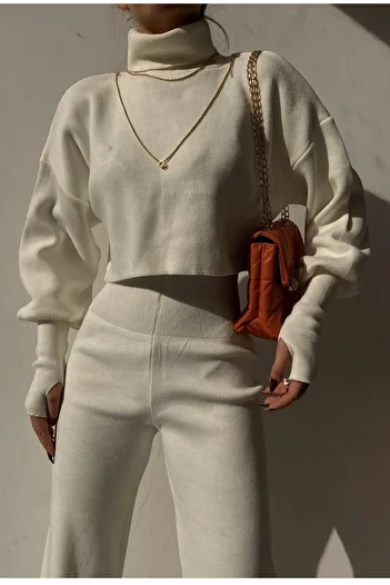 lovebox Hand-stitched Ecru Knitwear Crop Top and High Waist Ecru Knitwear Trousers Double Set 015