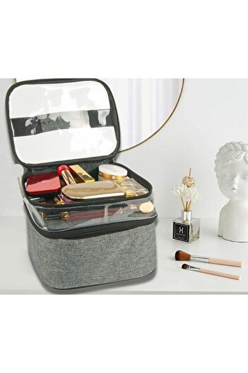 Ankaflex Highconcept Gray Makeup Bag Travel Bag Organizer Double Compartment Makeup Care Bag