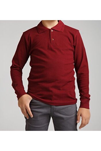 Dragora Uzun Kollu Polo Yaka Bordo Penye T-shirt