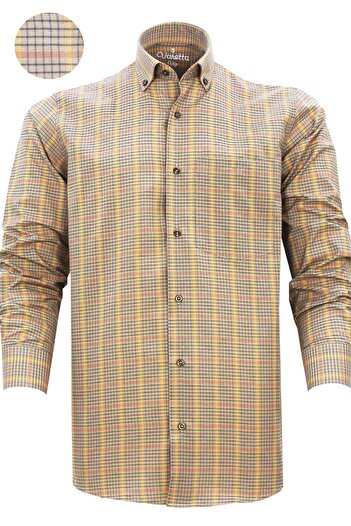 Varetta Men's Yellow Brown Classic Cut Checked Collar Buttoned Single Pocket Long Sleeve Shirt