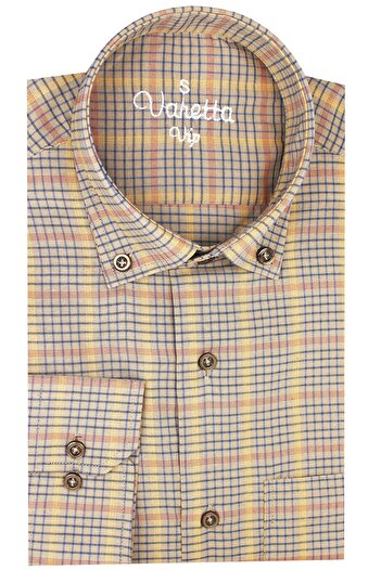 Varetta Men's Yellow Brown Classic Cut Checked Collar Buttoned Single Pocket Long Sleeve Shirt