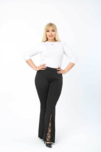 Esina Women's Diving / Scuba Fabric Flared Leg Trousers Lace Leg