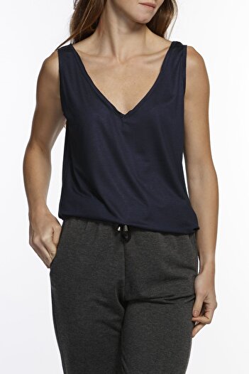 BASIC&CO Alexa Navy Blue V-Neck Viscose Basic Athlete T-shirt
