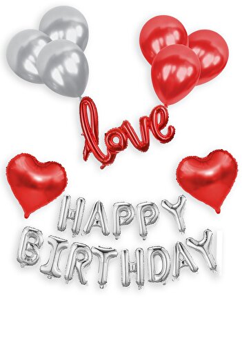 Parti dolabı Red Silver Happy Birthday Balloon Set 40 Cm