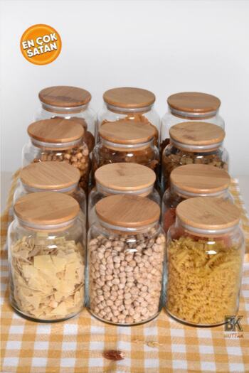 Karçiçeği Home Perotti 12 Pieces 935 Ml Glass Jar Set with Bamboo Lid