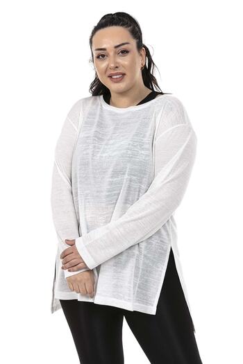 DISENTIS MODEST Plus Size Boat Neck White Blouse with Slit Detail on the Sides