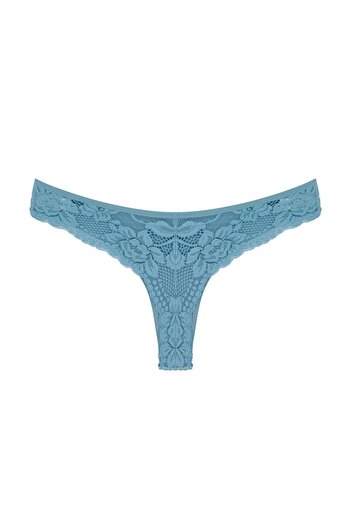 Zena Lace Detailed Blue Cotton Women's Thong Panties