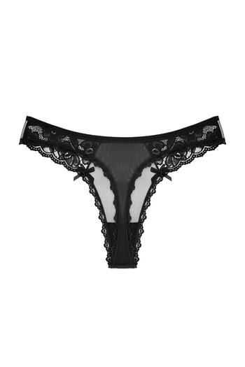 Zena Women's Thong Panties - Black, Tulle Lace Detail, Front and Back