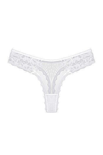 Zena Thong Women's Panties - White, Tulle Lace Detail, Tulle Back