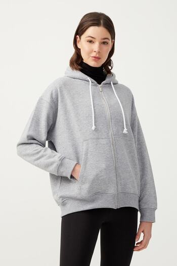 Los Ojos Women's Melange Gray Hooded Oversize Ribbed Zippered Knitted Sweatshirt