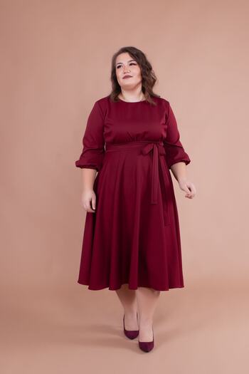 Bidoluelbise Women's Burgundy Plus Size Midi Length Dress
