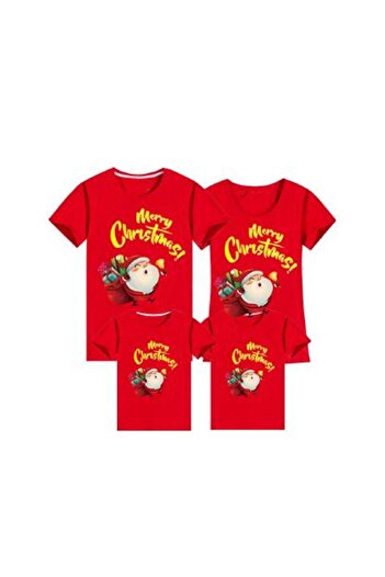HediyeMania Red New Year's T-Shirt 4-Piece Family Combination Mother Father 2 Children Cotton T-Shirt Christmas Printed Quality