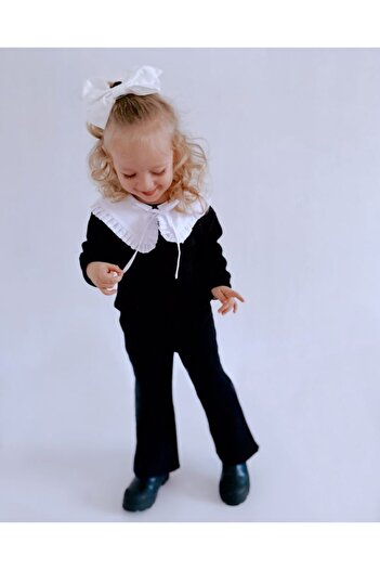 le petit sole Girl's Black Ruffle Collar Top-Top Set