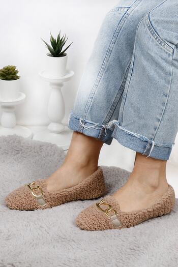 RENKLİBUTİK Women's Home Shoes with Chain Plush Feather - Ballerina Slippers