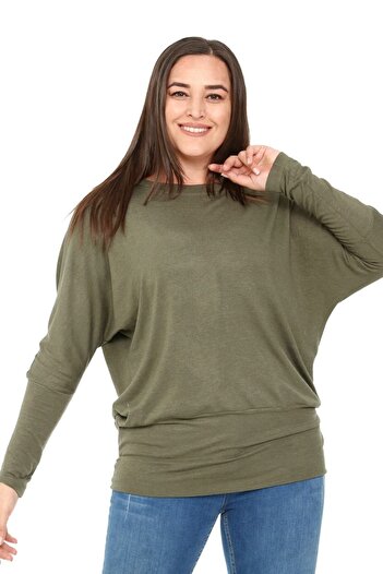 DISENTIS MODEST Plus Size Round Neck Bat Sleeve Khaki Blouse with Skirt and Wide Band