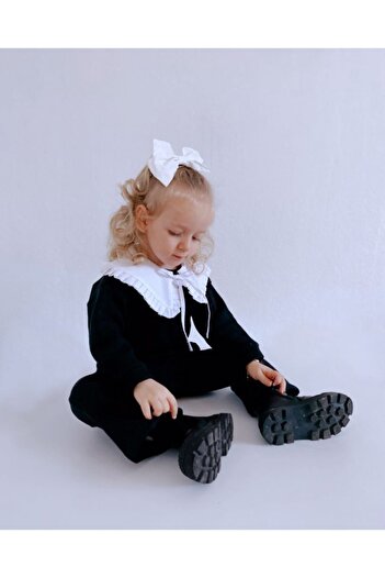 le petit sole Girl's Black Ruffle Collar Top-Top Set
