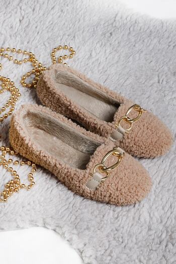 RENKLİBUTİK Women's Home Shoes with Chain Plush Feather - Ballerina Slippers