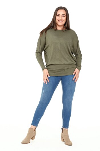 DISENTIS MODEST Plus Size Round Neck Bat Sleeve Khaki Blouse with Skirt and Wide Band