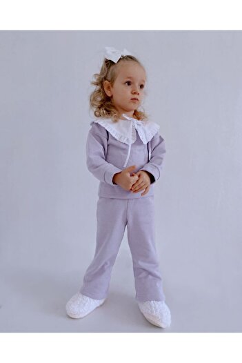 le petit sole Girl's Lilac Ruffle Collar Top-Top Set