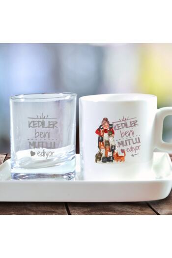GÖNÜL Cat Printed Turkish Coffee Cup and Water Cup Set