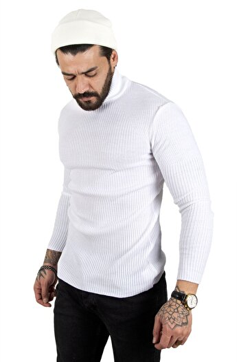 DeepSEA Men's White Turtleneck Striped Slim Fit Knitted Sweater2100015